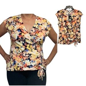 Nine West Women’s Multicolor Floral Faux Wrap Short Cap Sleeve Blouse Size L